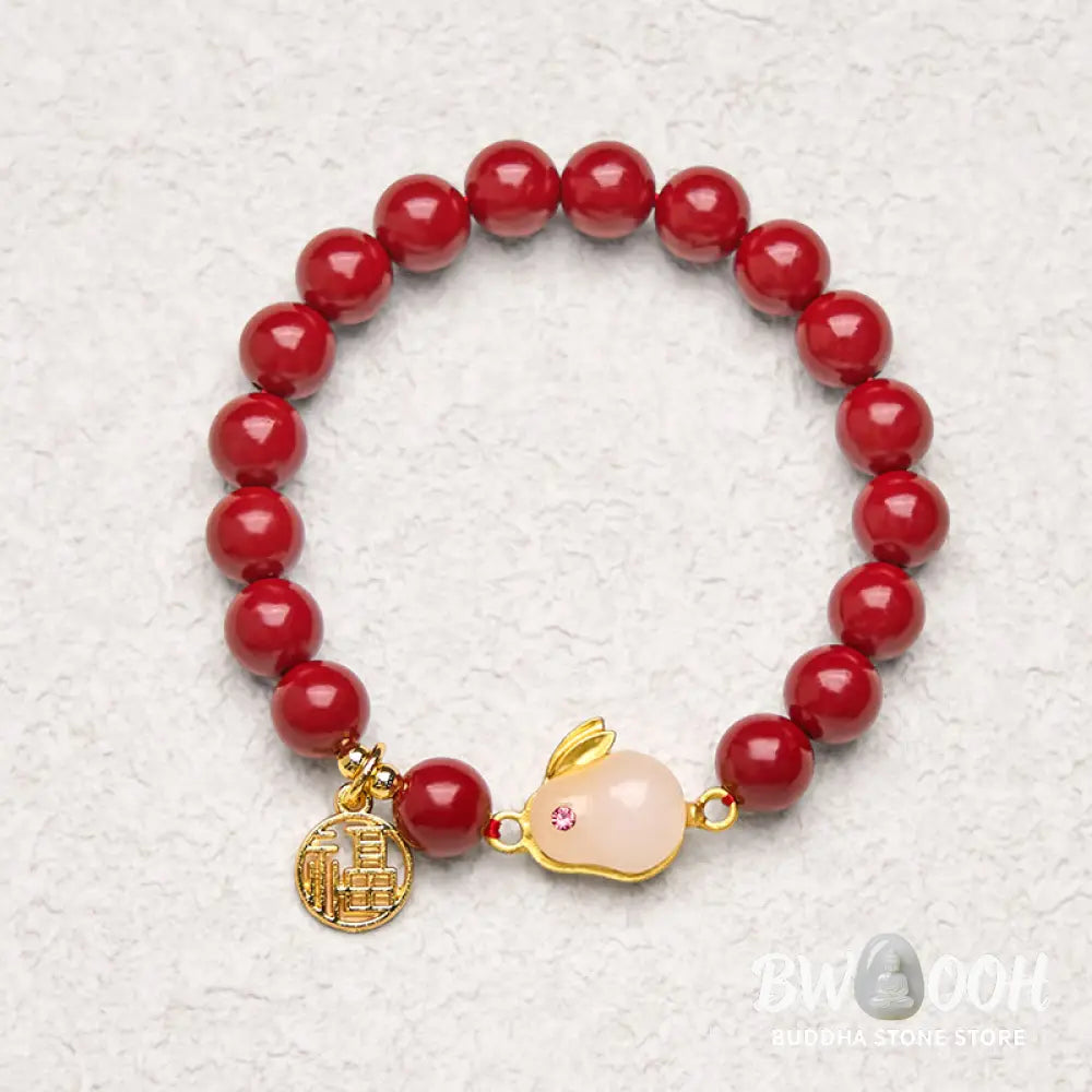 Buddha Stones Cinnabar Rabbit Bunny Fu Character Blessing Bracelet - BWOOOH - Cinnabar(Wrist Circumference 14-16cm)
