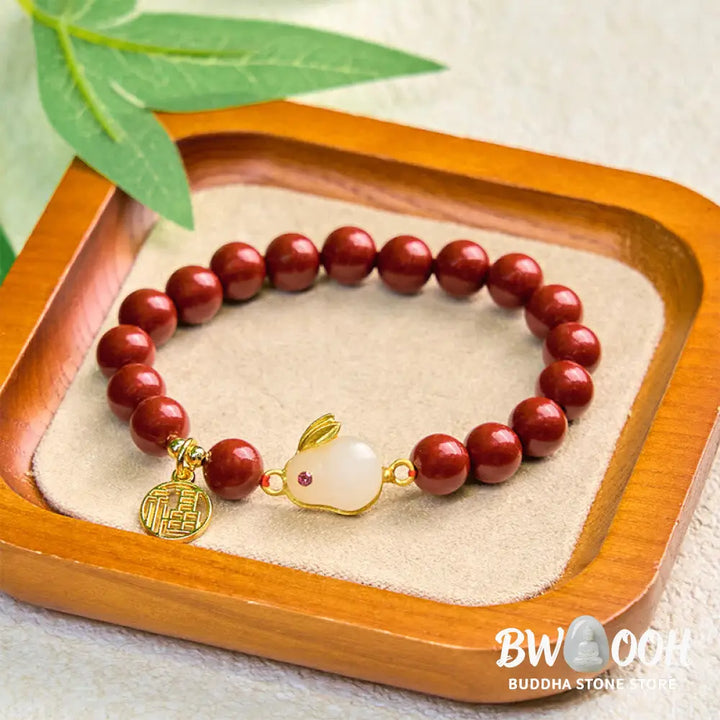 Buddha Stones Cinnabar Rabbit Bunny Fu Character Blessing Bracelet - BWOOOH - Cinnabar(Wrist Circumference 14-16cm)