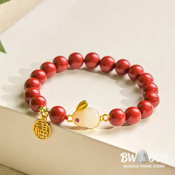 Buddha Stones Cinnabar Rabbit Bunny Fu Character Blessing Bracelet - BWOOOH - Cinnabar(Wrist Circumference 14-16cm)