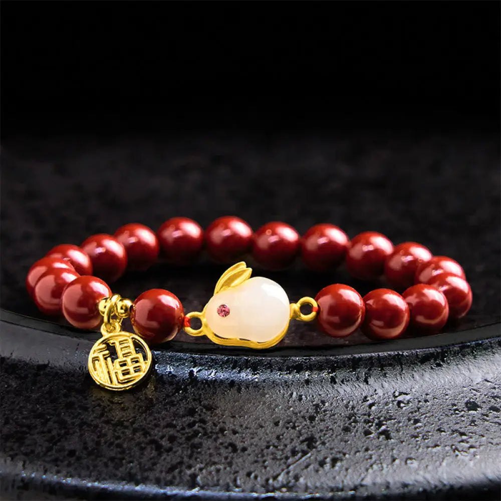 BWOOOH Cinnabar Rabbit Bunny Fu Character Blessing Bracelet — Cinnabar crystal healing bracelet for spiritual healing and ...