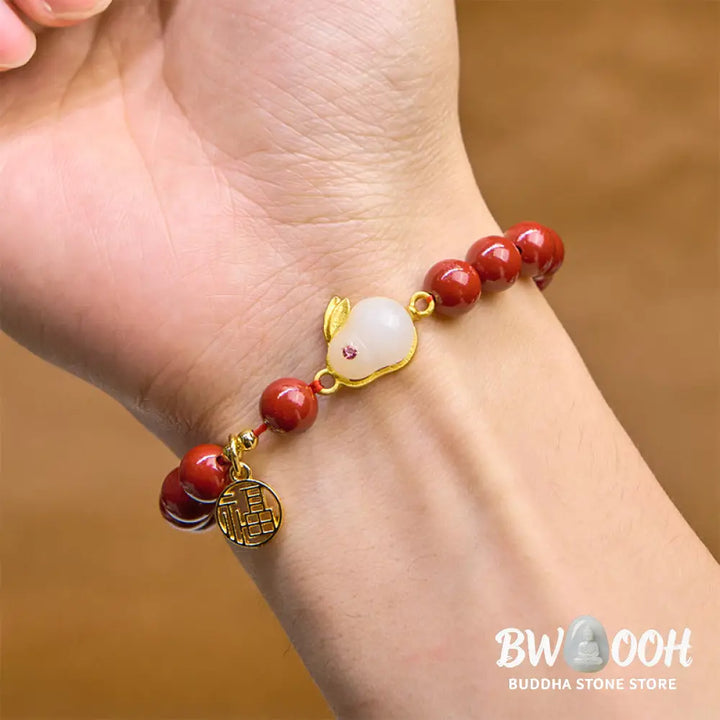 Buddha Stones Cinnabar Rabbit Bunny Fu Character Blessing Bracelet - BWOOOH - Cinnabar(Wrist Circumference 14-16cm)