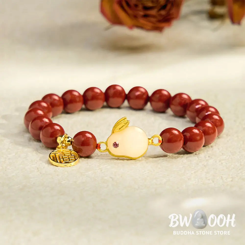 Buddha Stones Cinnabar Rabbit Bunny Fu Character Blessing Bracelet - BWOOOH - Cinnabar(Wrist Circumference 14-16cm)