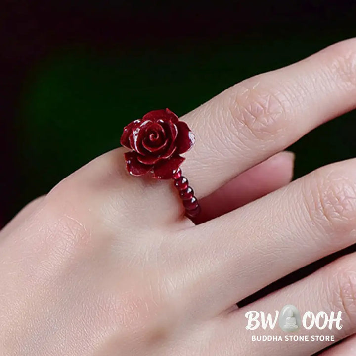 Buddha Stones Cinnabar Rose Garnet Beads Concentration Ring - Cinnabar Rose(Ring Circumference: 50mm-Elastic Rope)