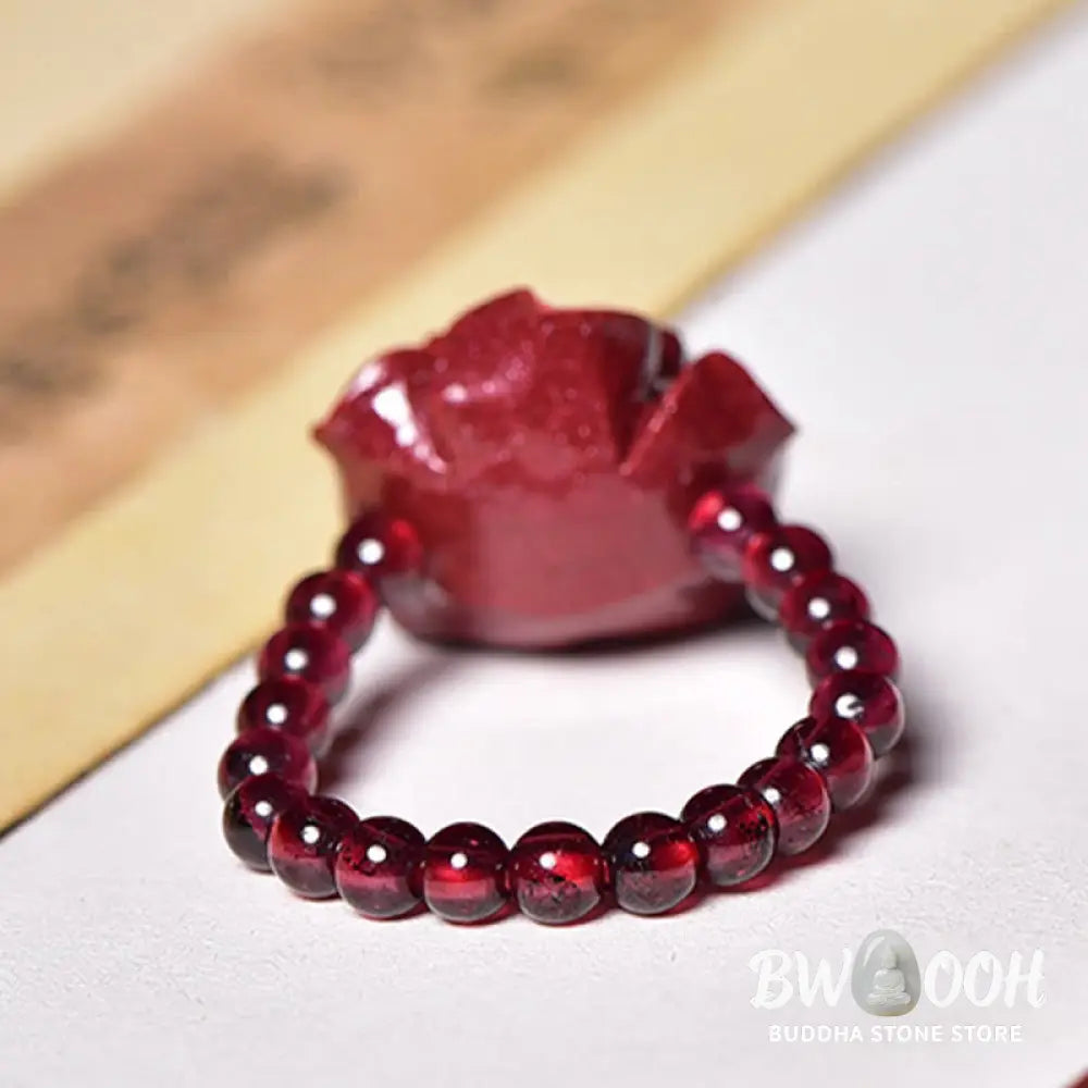 Buddha Stones Cinnabar Rose Garnet Beads Concentration Ring - Cinnabar Rose(Ring Circumference: 50mm-Elastic Rope)