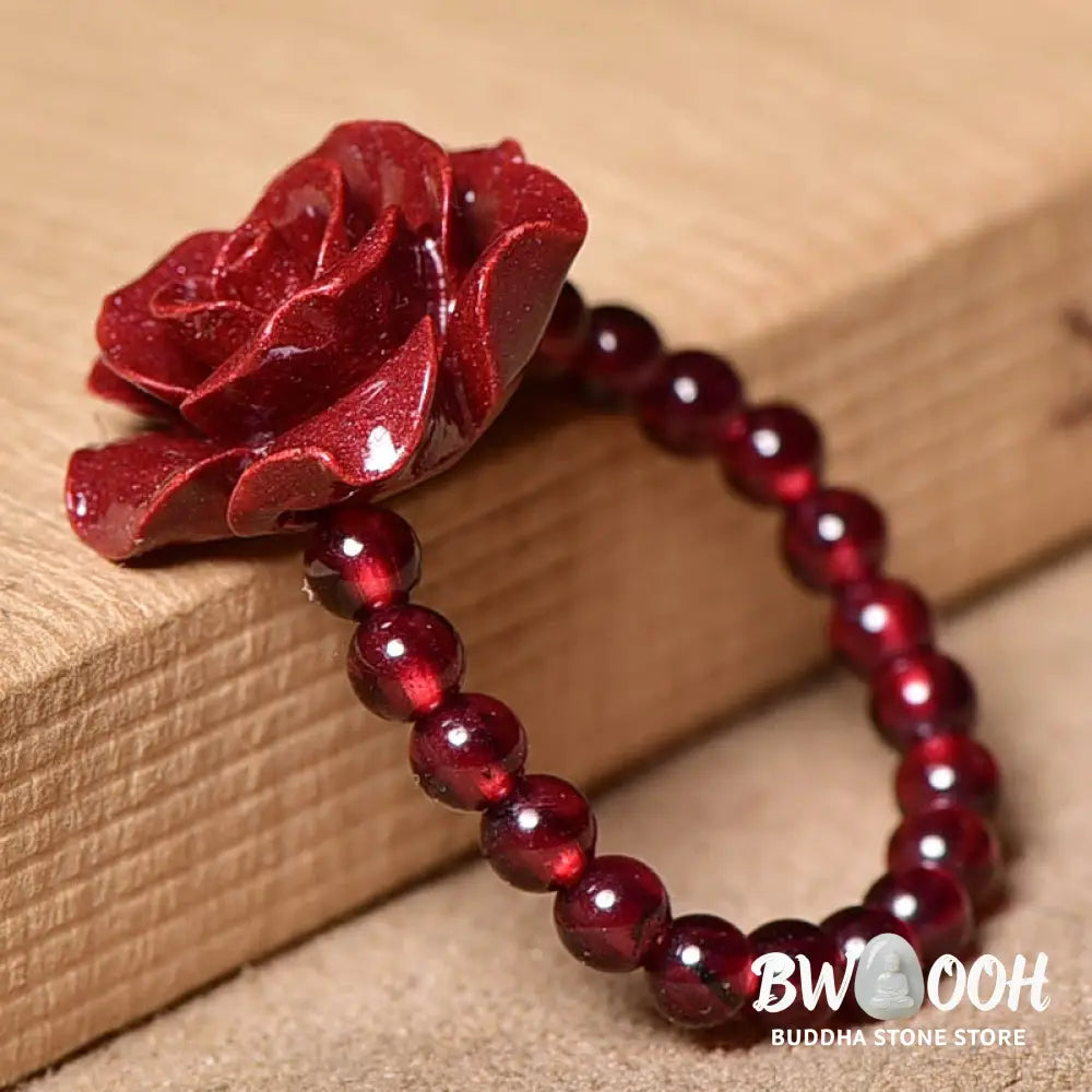 Buddha Stones Cinnabar Rose Garnet Beads Concentration Ring - Cinnabar Rose(Ring Circumference: 50mm-Elastic Rope)