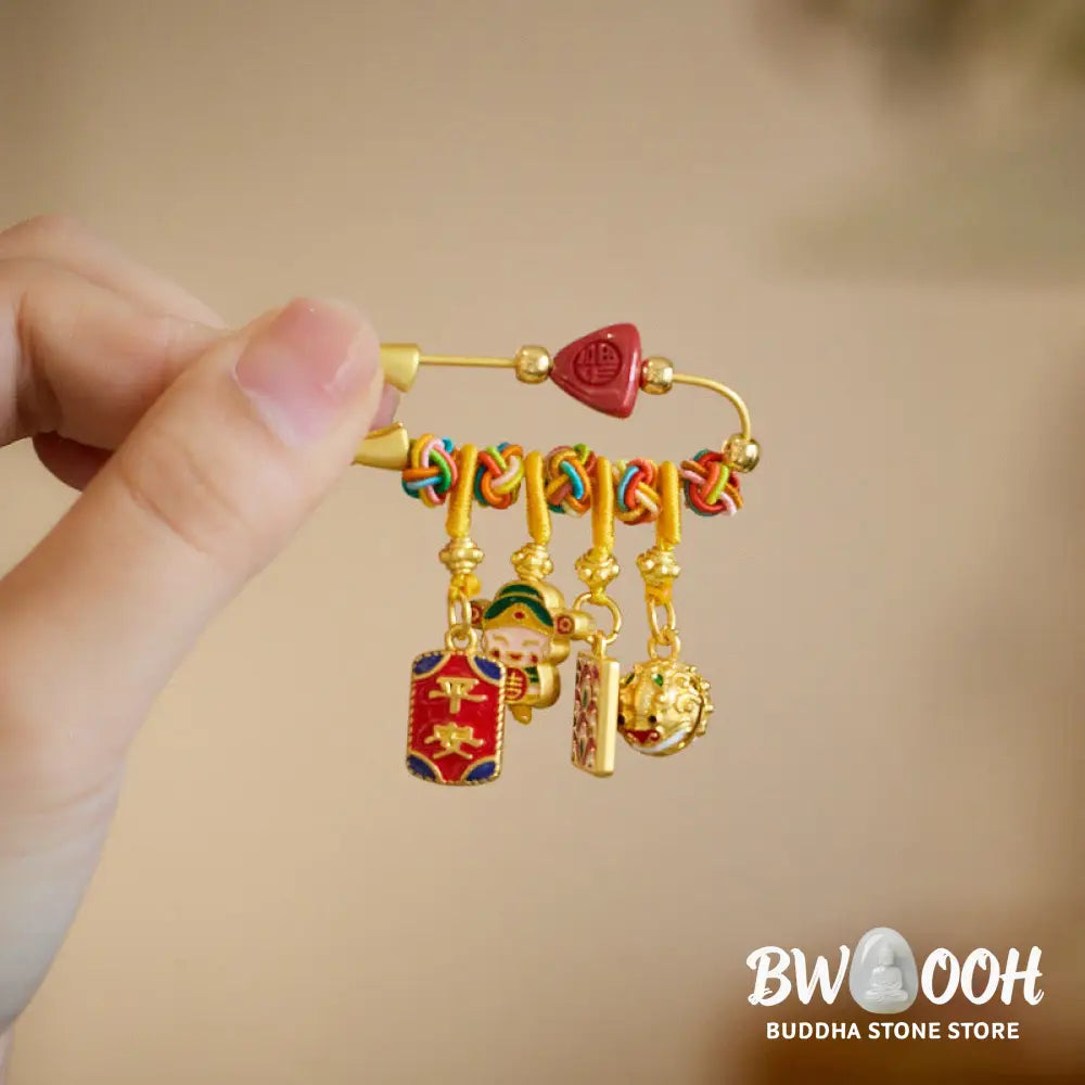 Buddha Stones Cinnabar Zongzi Fu Character Caishen God of Wealth Safe And Well Copper Blessing Brooch - Fu Character