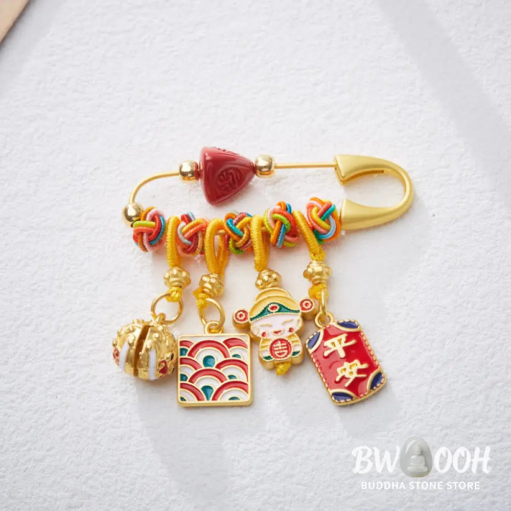 Buddha Stones Cinnabar Zongzi Fu Character Caishen God of Wealth Safe And Well Copper Blessing Brooch - Fu Character
