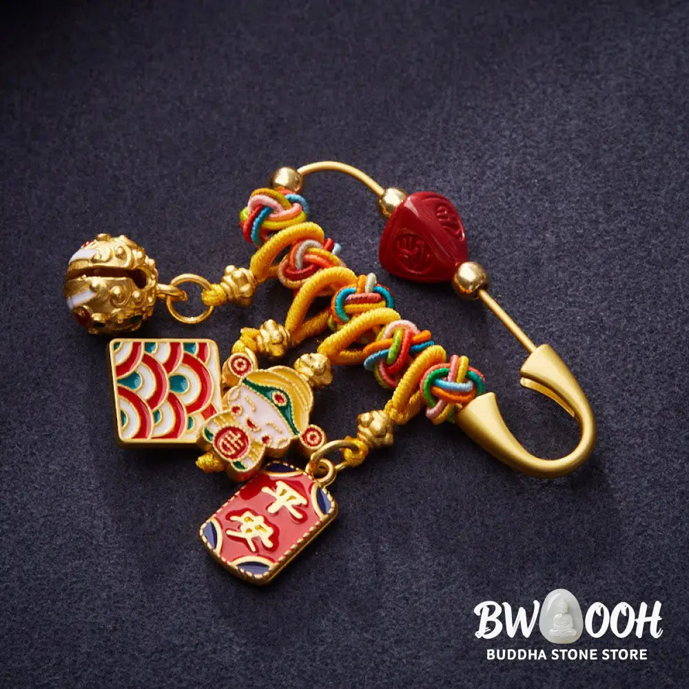 Buddha Stones Cinnabar Zongzi Fu Character Caishen God of Wealth Safe And Well Copper Blessing Brooch - Fu Character