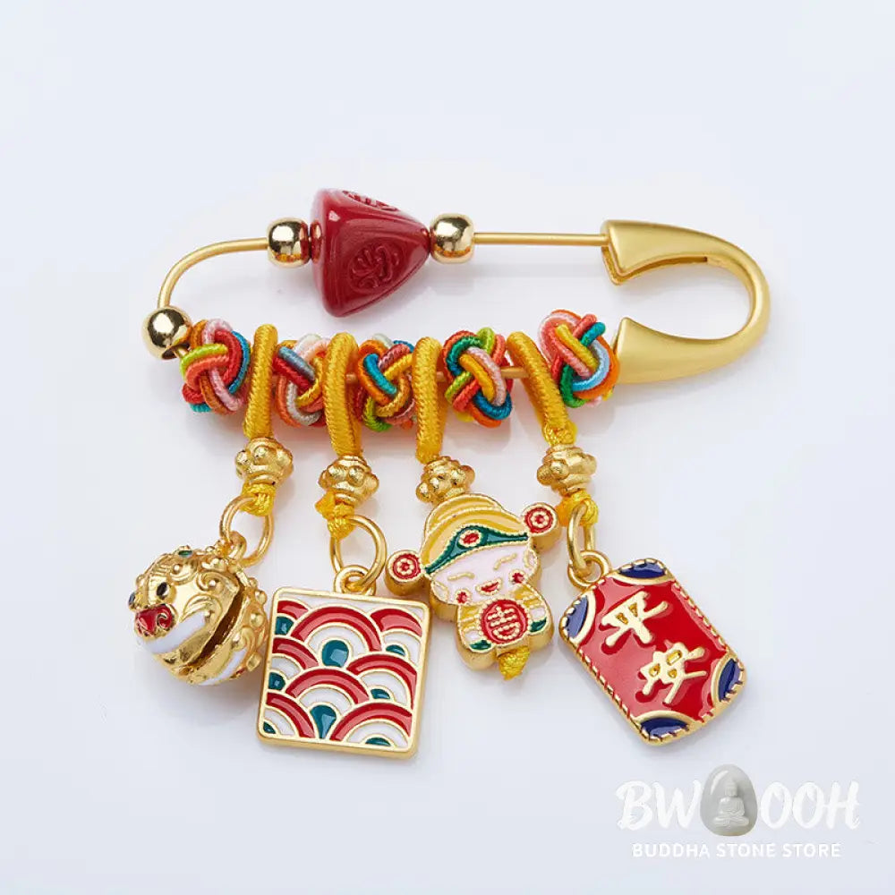 Buddha Stones Cinnabar Zongzi Fu Character Caishen God of Wealth Safe And Well Copper Blessing Brooch - Fu Character