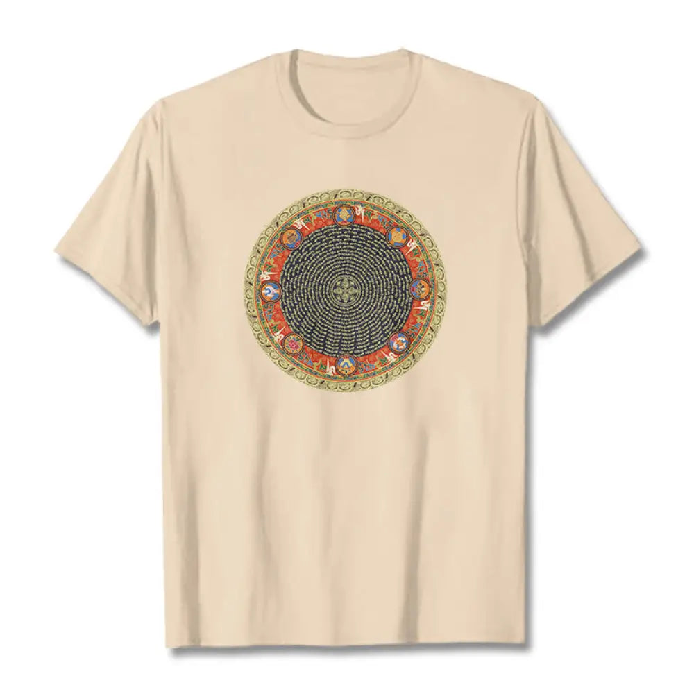 Buddha Stones Circular Om Mani Padme Hum Eight Auspicious Symbols Cotton Tee T-shirt - Bisque / S - T-Shirts