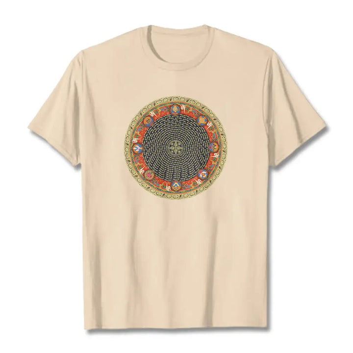 Buddha Stones Circular Om Mani Padme Hum Eight Auspicious Symbols Cotton Tee T-shirt - Bisque / S - T-Shirts