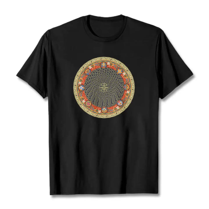Buddha Stones Circular Om Mani Padme Hum Eight Auspicious Symbols Cotton Tee T-shirt - Black / S - T-Shirts