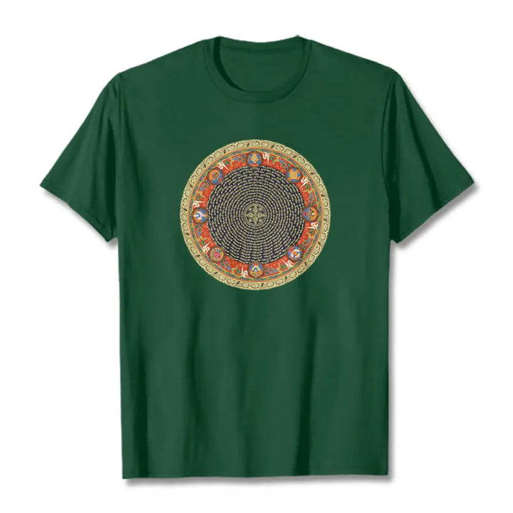 Buddha Stones Circular Om Mani Padme Hum Eight Auspicious Symbols Cotton Tee T-shirt - ForestGreen / S - T-Shirts