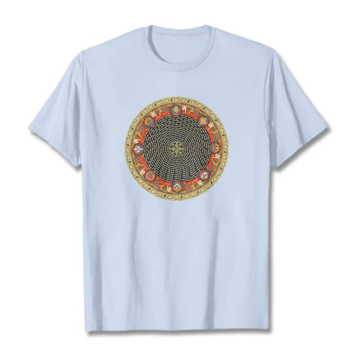 Buddha Stones Circular Om Mani Padme Hum Eight Auspicious Symbols Cotton Tee T-shirt - LightCyan / S - T-Shirts
