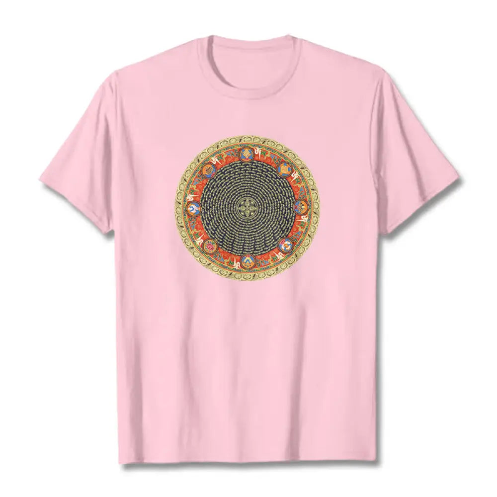 Buddha Stones Circular Om Mani Padme Hum Eight Auspicious Symbols Cotton Tee T-shirt - LightPink / S - T-Shirts