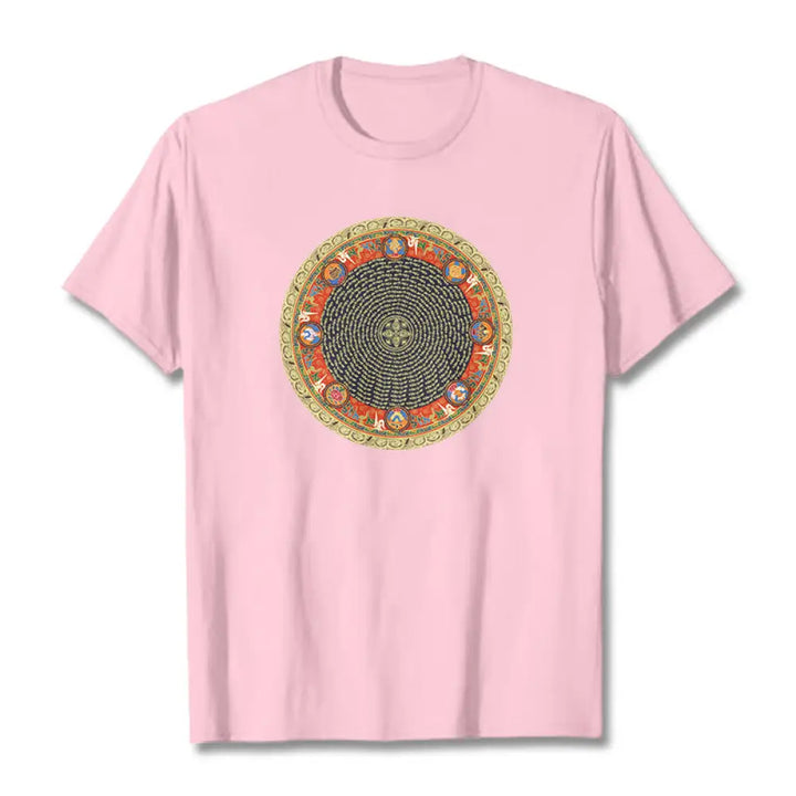 Buddha Stones Circular Om Mani Padme Hum Eight Auspicious Symbols Cotton Tee T-shirt - LightPink / S - T-Shirts