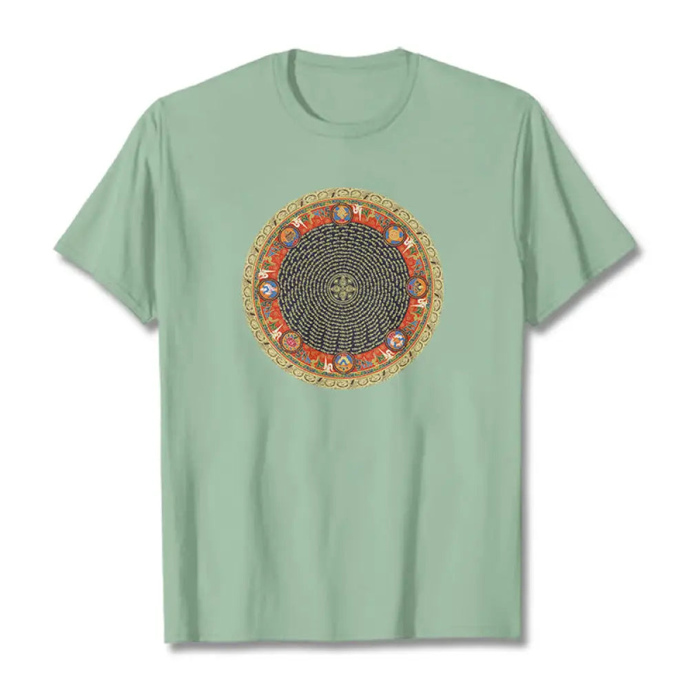Buddha Stones Circular Om Mani Padme Hum Eight Auspicious Symbols Cotton Tee T-shirt - PaleGreen / S - T-Shirts