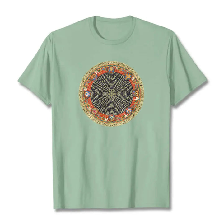 Buddha Stones Circular Om Mani Padme Hum Eight Auspicious Symbols Cotton Tee T-shirt - PaleGreen / S - T-Shirts