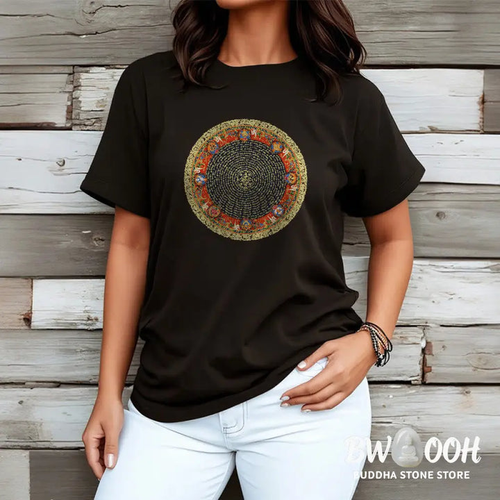 Buddha Stones Circular Om Mani Padme Hum Eight Auspicious Symbols Cotton Tee T-shirt - T-Shirts