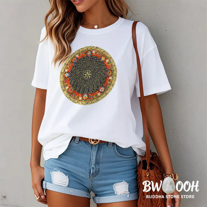 Buddha Stones Circular Om Mani Padme Hum Eight Auspicious Symbols Cotton Tee T-shirt - T-Shirts
