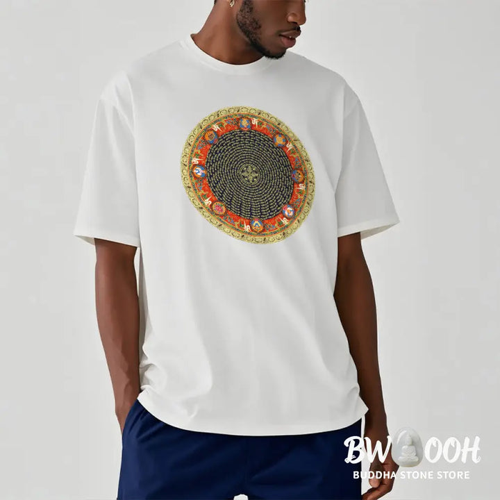 Buddha Stones Circular Om Mani Padme Hum Eight Auspicious Symbols Cotton Tee T-shirt - T-Shirts