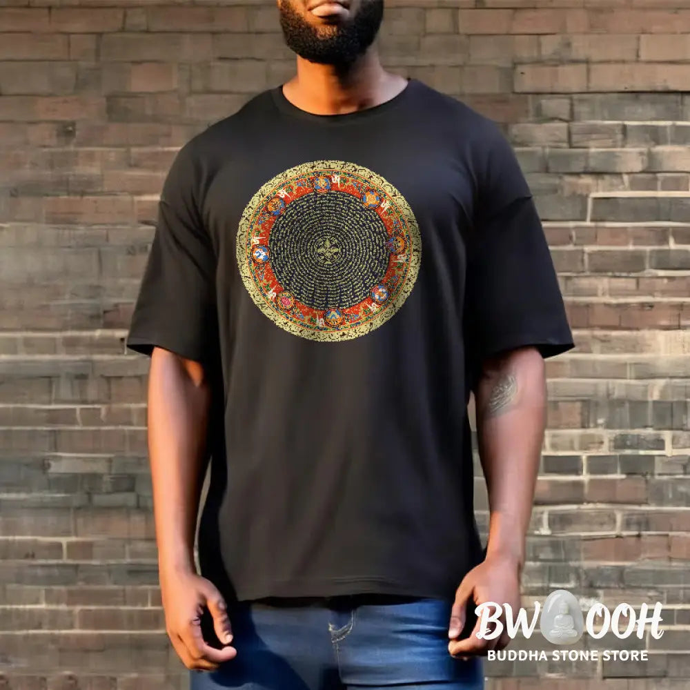 Buddha Stones Circular Om Mani Padme Hum Eight Auspicious Symbols Cotton Tee T-shirt - T-Shirts