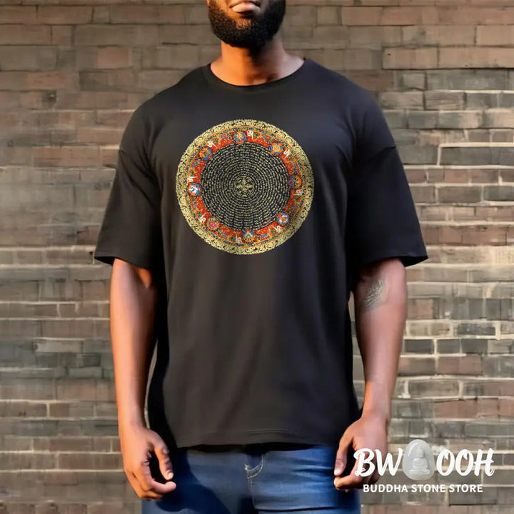 Buddha Stones Circular Om Mani Padme Hum Eight Auspicious Symbols Cotton Tee T-shirt - T-Shirts