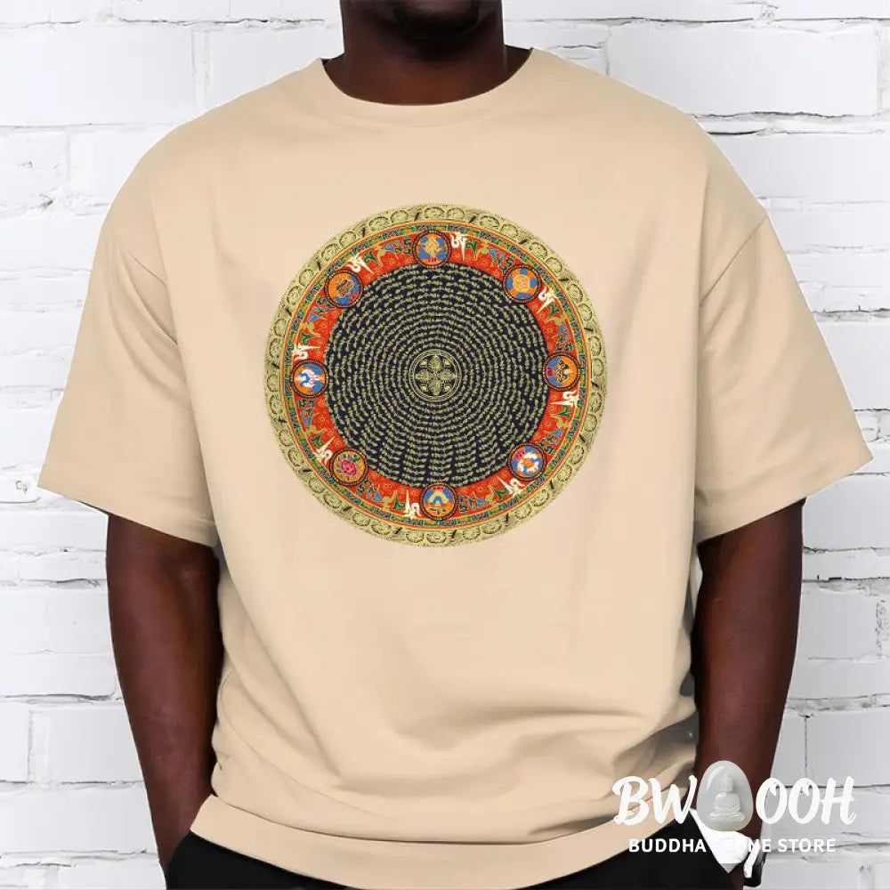 Buddha Stones Circular Om Mani Padme Hum Eight Auspicious Symbols Cotton Tee T-shirt - T-Shirts