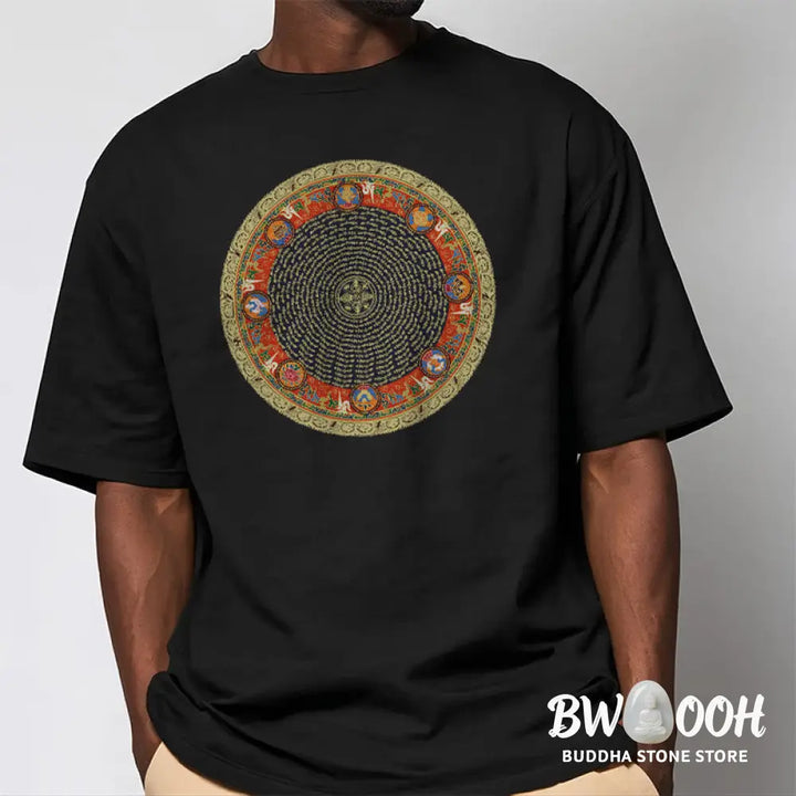 Buddha Stones Circular Om Mani Padme Hum Eight Auspicious Symbols Cotton Tee T-shirt - T-Shirts