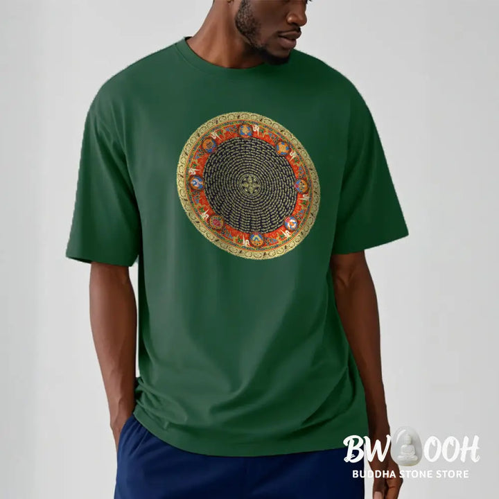 Buddha Stones Circular Om Mani Padme Hum Eight Auspicious Symbols Cotton Tee T-shirt - T-Shirts