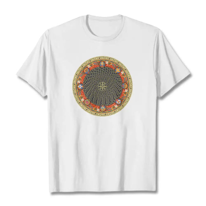 Buddha Stones Circular Om Mani Padme Hum Eight Auspicious Symbols Cotton Tee T-shirt - White / S - T-Shirts