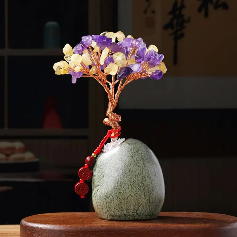 Buddha Stones Citrine Amethyst Green Aventurine Crystal Tree Ceramic Base Prosperity Home Decoration - Citrine