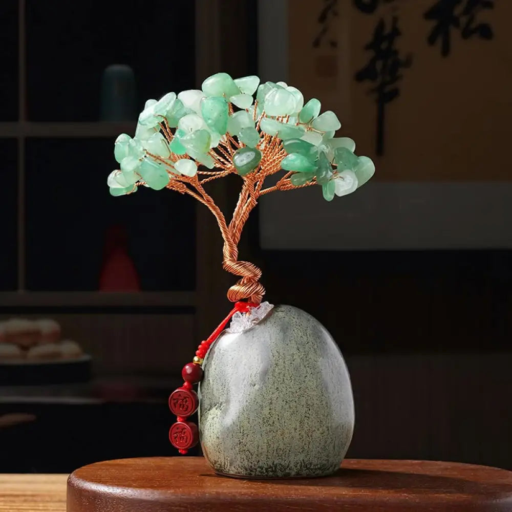 Buddha Stones Citrine Amethyst Green Aventurine Crystal Tree Ceramic Base Prosperity Home Decoration - Green Aventurine