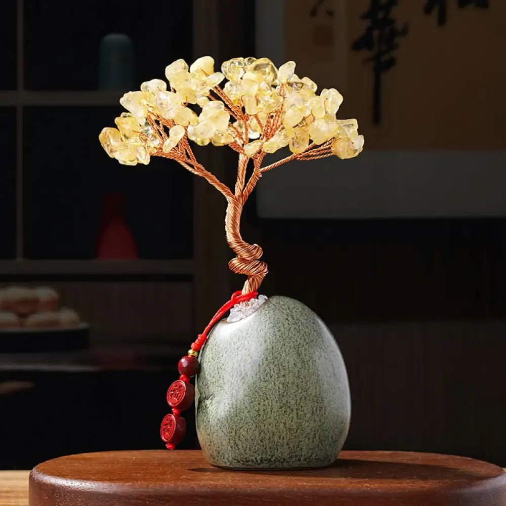 Buddha Stones Citrine Amethyst Green Aventurine Crystal Tree Ceramic Base Prosperity Home Decoration - Citrine 4.5*12cm