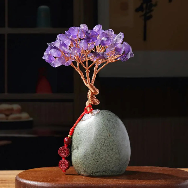 Buddha Stones Citrine Amethyst Green Aventurine Crystal Tree Ceramic Base Prosperity Home Decoration - Amethyst