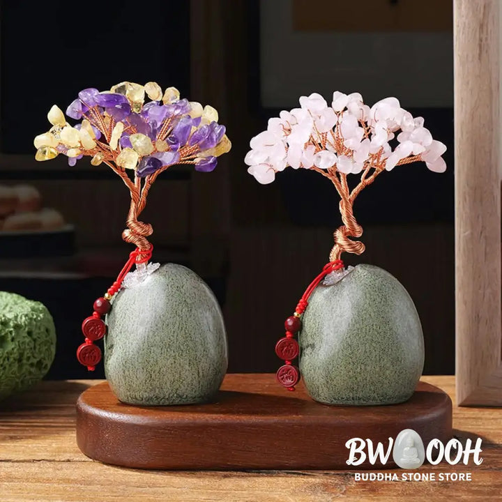 Buddha Stones Citrine Amethyst Green Aventurine Crystal Tree Ceramic Base Prosperity Home Decoration - Decorations