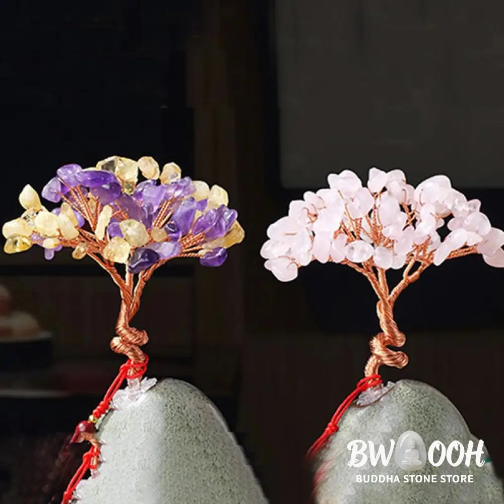 Buddha Stones Citrine Amethyst Green Aventurine Crystal Tree Ceramic Base Prosperity Home Decoration - Decorations