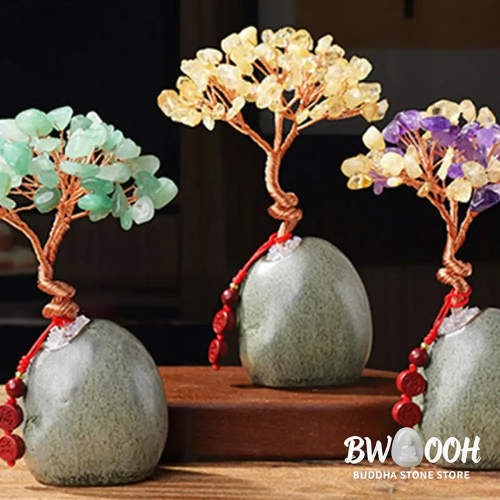 Buddha Stones Citrine Amethyst Green Aventurine Crystal Tree Ceramic Base Prosperity Home Decoration - Decorations