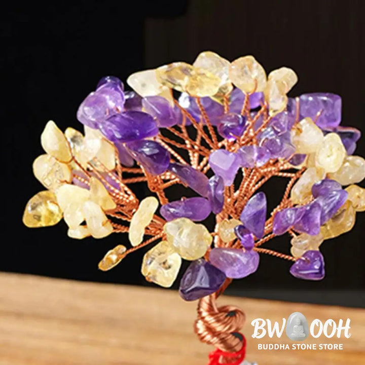 Buddha Stones Citrine Amethyst Green Aventurine Crystal Tree Ceramic Base Prosperity Home Decoration - Decorations