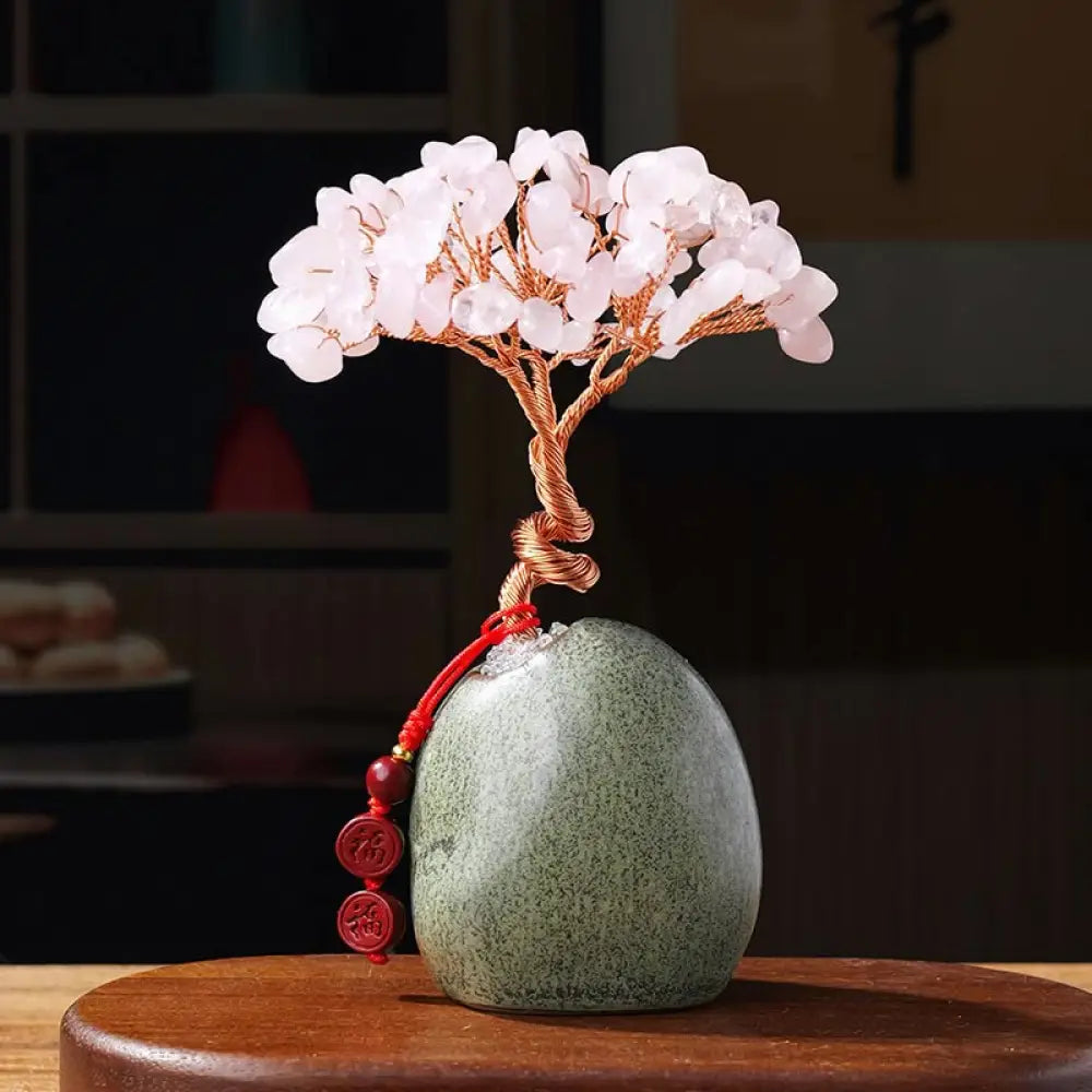 Buddha Stones Citrine Amethyst Green Aventurine Crystal Tree Ceramic Base Prosperity Home Decoration - Pink Crystal