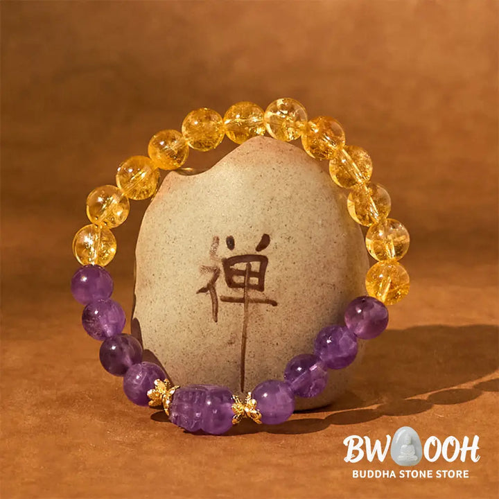 Buddha Stones Citrine Amethyst Pixiu Prosperity Bracelet - BWOOOH - Citrine Amethyst(Wrist Circumference: 15-16cm)
