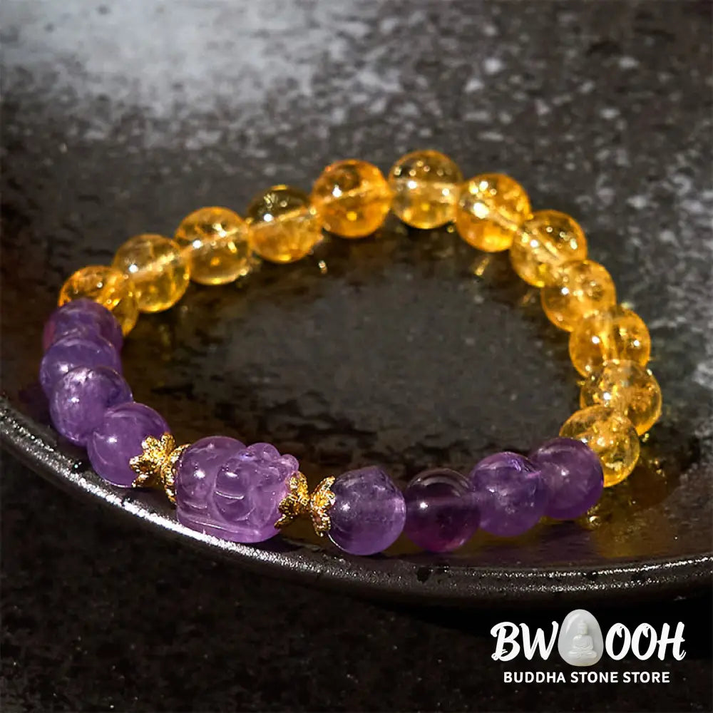 Buddha Stones Citrine Amethyst Pixiu Prosperity Bracelet - BWOOOH - Citrine Amethyst(Wrist Circumference: 15-16cm)