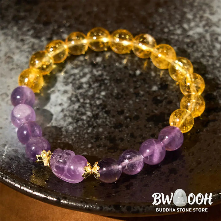 Buddha Stones Citrine Amethyst Pixiu Prosperity Bracelet - BWOOOH - Citrine Amethyst(Wrist Circumference: 15-16cm)