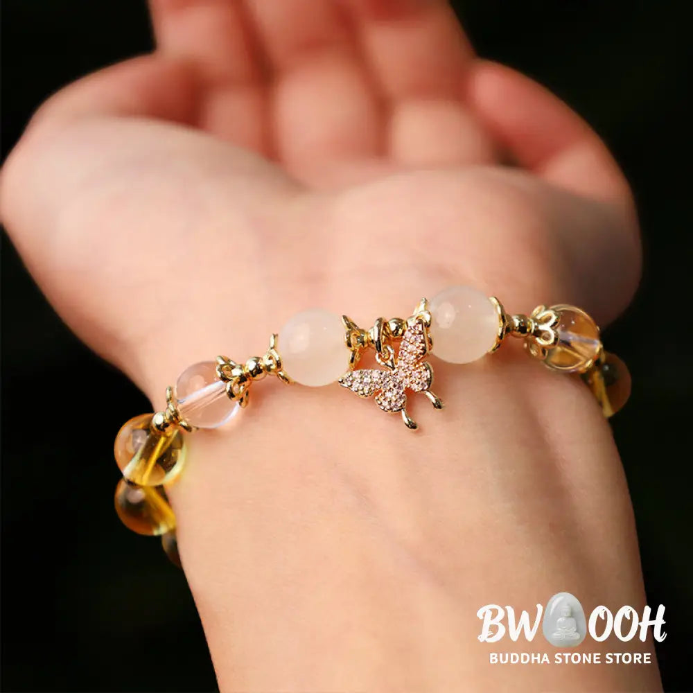 BWOOOH Citrine Moonstone Butterfly Charm Prosperity Protection Bracelet - Citrine(Wrist Circumference 14-15cm)
