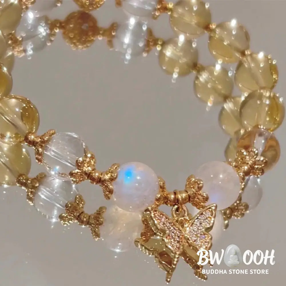 BWOOOH Citrine Moonstone Butterfly Charm Prosperity Protection Bracelet - Citrine(Wrist Circumference 14-15cm)