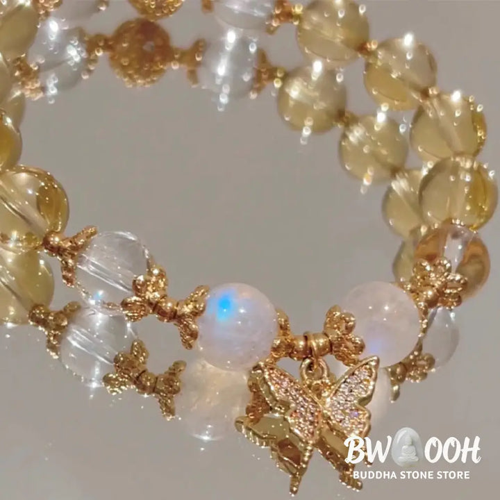 BWOOOH Citrine Moonstone Butterfly Charm Prosperity Protection Bracelet - Citrine(Wrist Circumference 14-15cm)