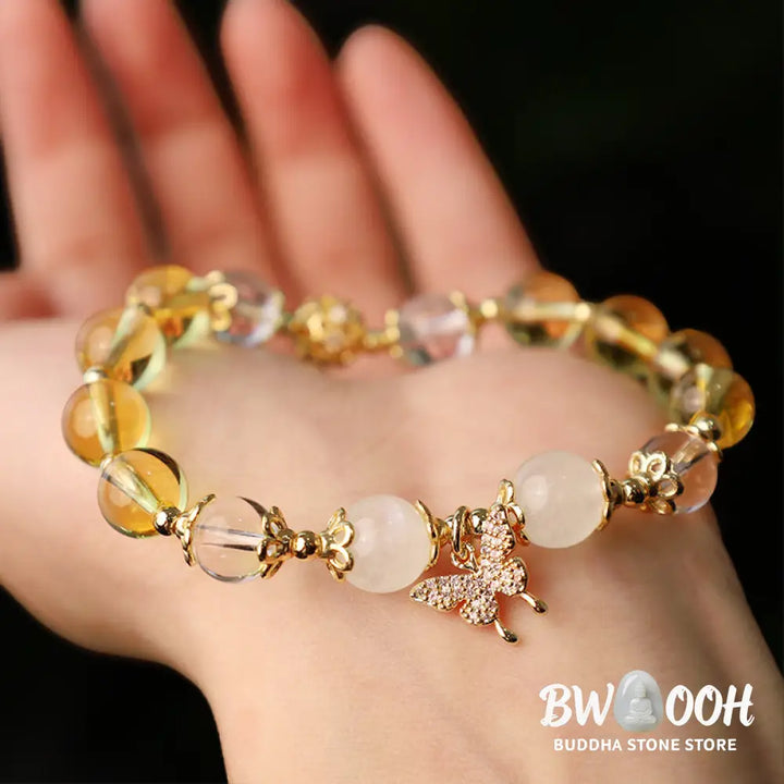 BWOOOH Citrine Moonstone Butterfly Charm Prosperity Protection Bracelet - Citrine(Wrist Circumference 14-15cm)