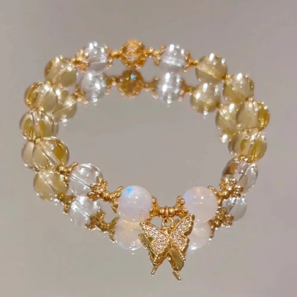 BWOOOH Citrine Moonstone Butterfly Charm Prosperity Protection Bracelet - Citrine(Wrist Circumference 14-15cm)