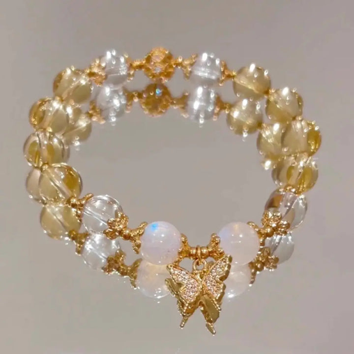 BWOOOH Citrine Moonstone Butterfly Charm Prosperity Protection Bracelet - Citrine(Wrist Circumference 14-15cm)