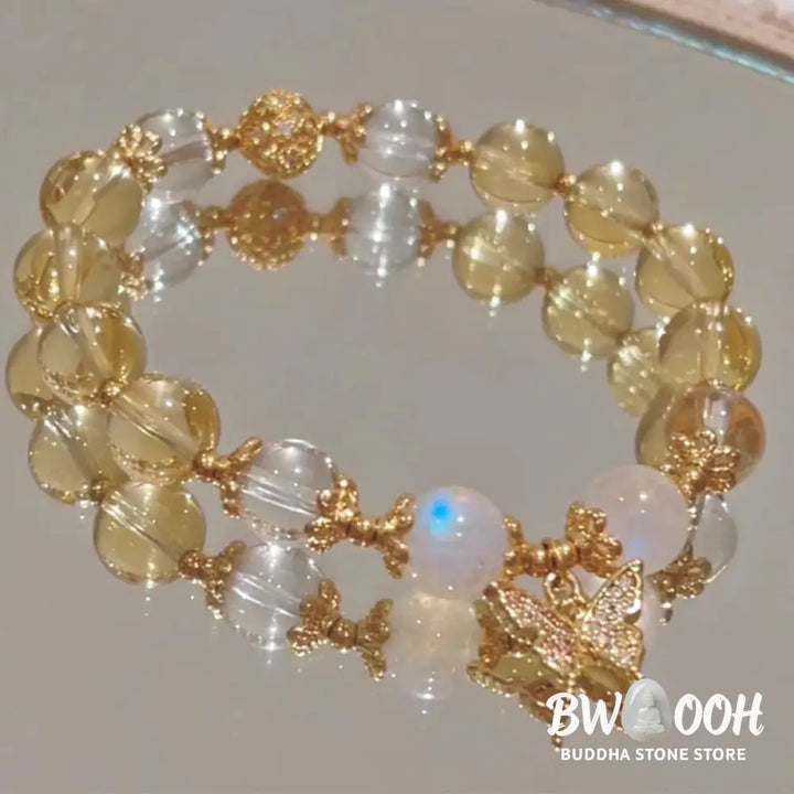BWOOOH Citrine Moonstone Butterfly Charm Prosperity Protection Bracelet - Citrine(Wrist Circumference 14-15cm)